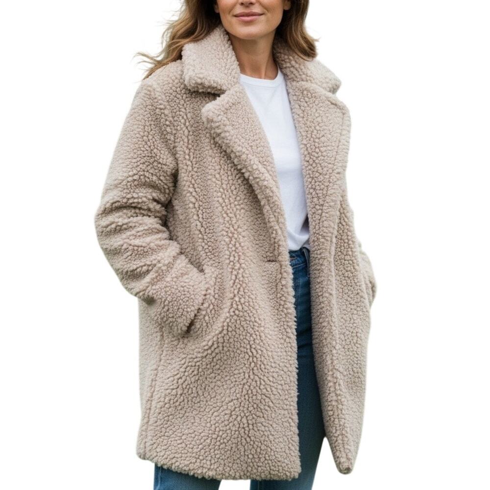 Cream Teddy Coat Oversized Faux Fur Jacket Large Cozy Winter